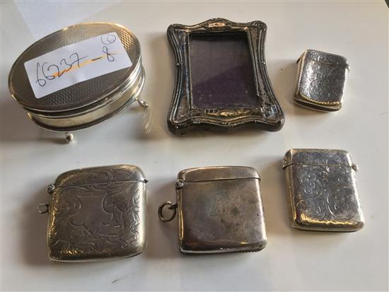 Small silver frame, trinket box, and 4 vesta cases